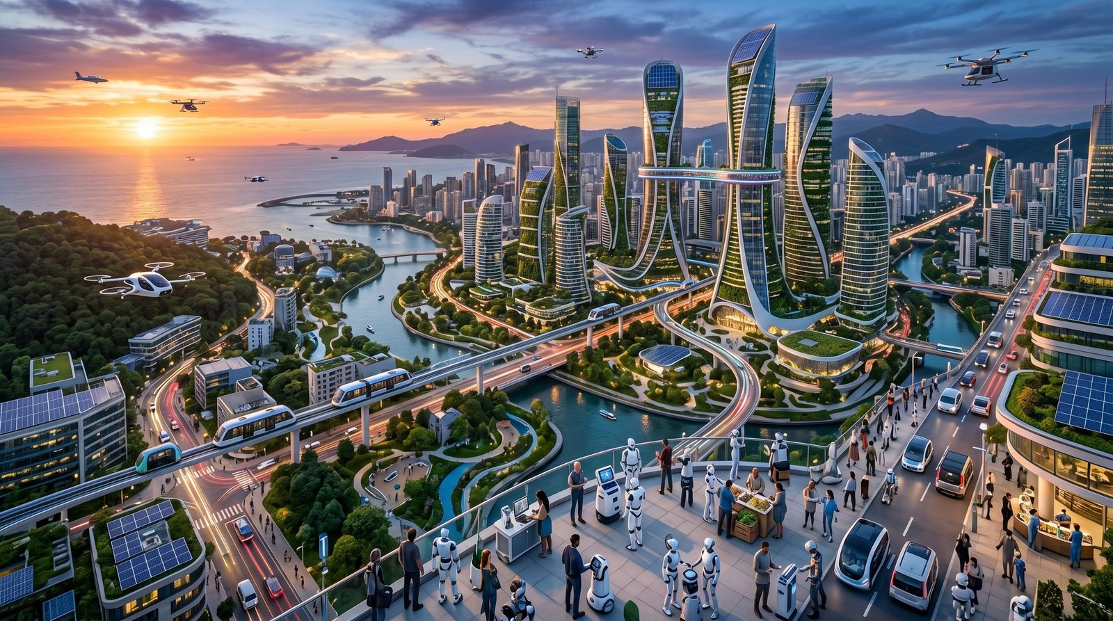 futuristic city scene with flying cars and robots at sunset
