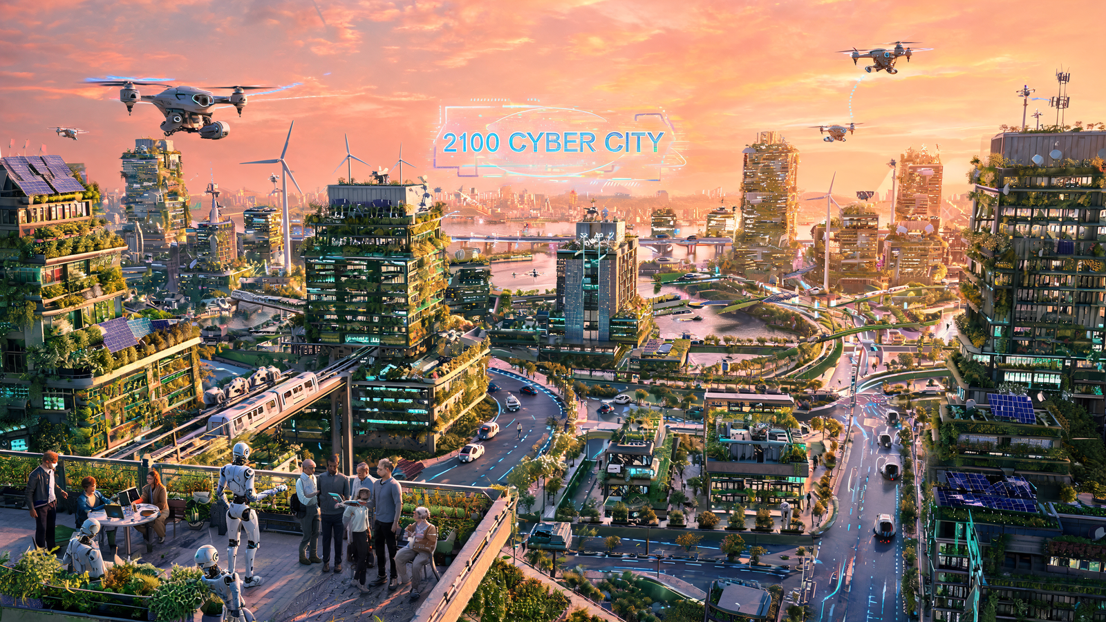 futuristic cyber city 2100 green urban landscape with drones and robots