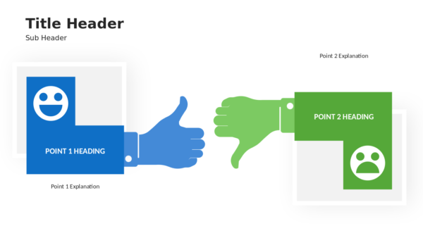 Comparison slide template for presentations with thumbs up and down icons