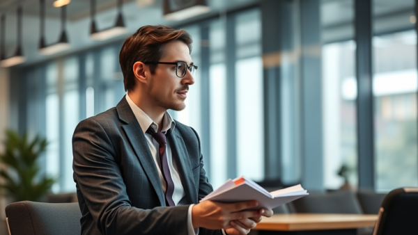 Businessman in suit holding papers in office setting