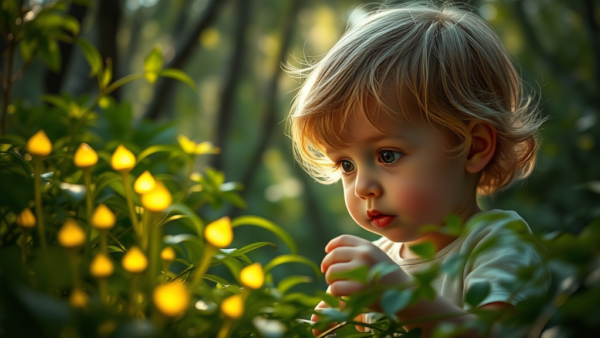 Curious child exploring nature with bright yellow flowers in a forest setting.