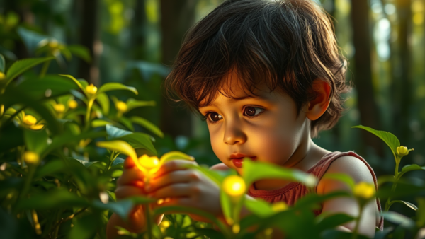 Little Girl Exploring Nature Garden Outdoors