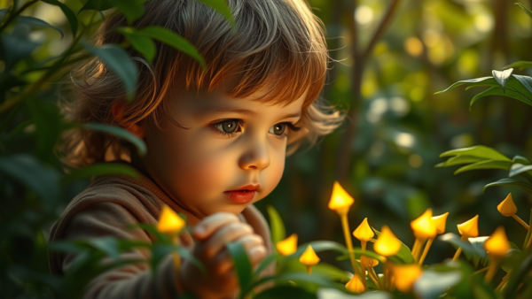 Little Child Exploring Nature Garden Scene