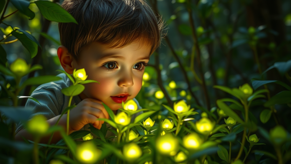 Little Boy Exploring Nature Glowing Plants
