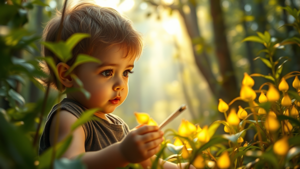 Curious toddler exploring nature with bright yellow flowers and sunlight