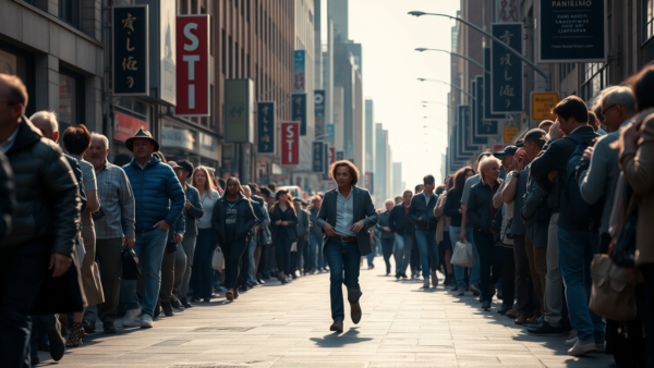 City Street Scene with Crowd of People Walking