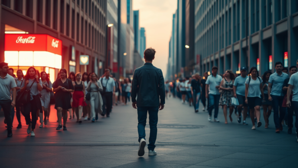 Man walks alone through busy city street at dusk with people