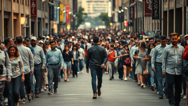 City Street Crowd Walking, Busy Urban Scene