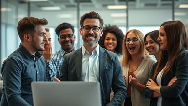 Diverse business team collaborating in modern office space with laptop