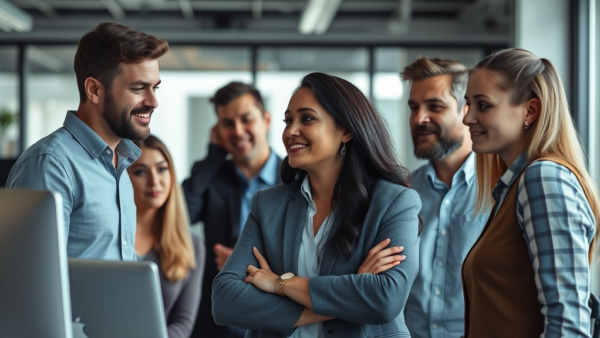 Business team smiling in office modern workspace collaboration