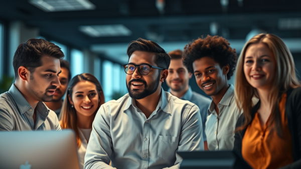 Diverse business team collaborates on a project in a modern office setting