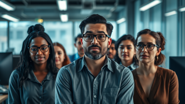 Business Team Looking Concerned in Office Setting Together