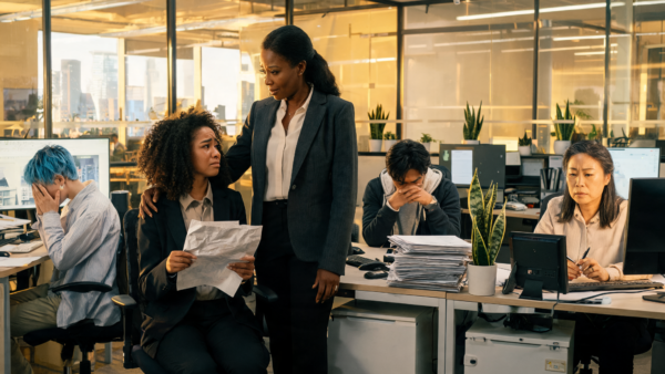 sad office workers struggling with work problems and stress