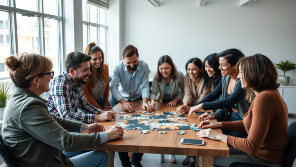 Team puzzle work people collaboration office desk solving
