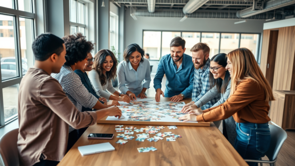 Team working together on puzzle for business project