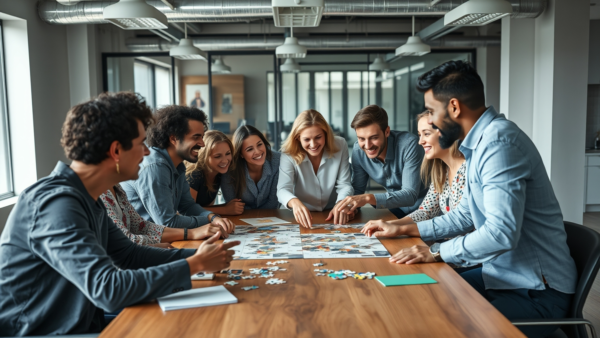 Diverse team working on a puzzle together, collaboration in office