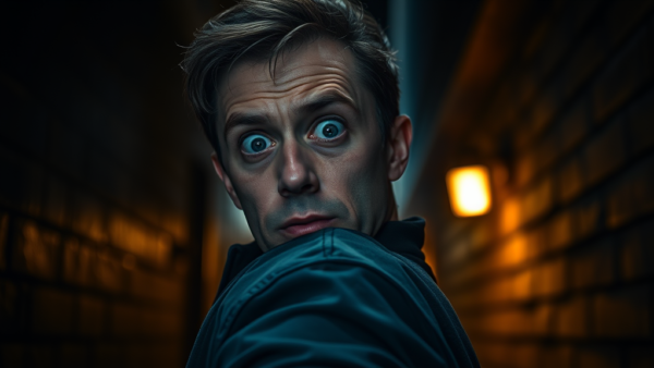 Fearful Man Portrait Closeup Dark Alleyway Scene