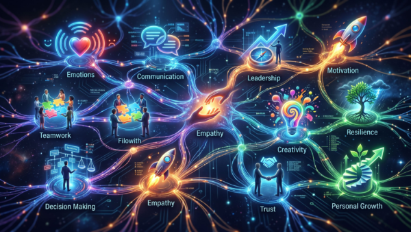Concept network illustration of human connection and growth