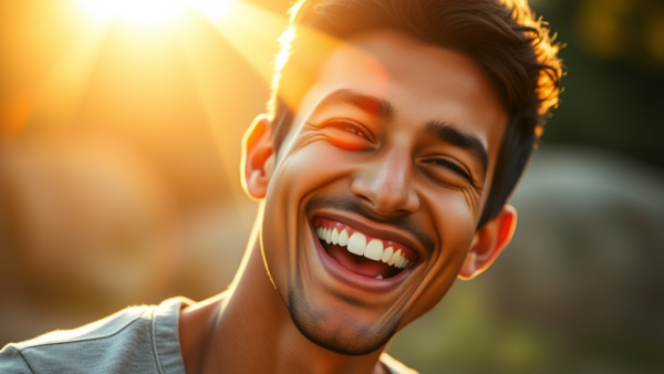 Happy man smiling outdoors in golden hour sunlight for lifestyle use