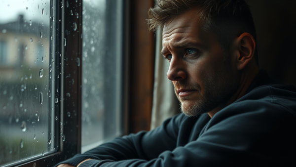 Man looking out rainy window, thoughtful mood, close-up portrait