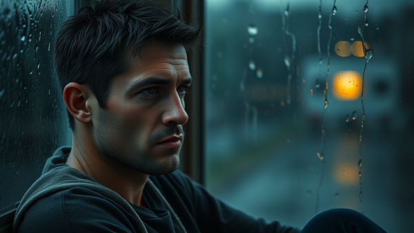 Sad Man Looking Out Rainy Window on Bus or Train
