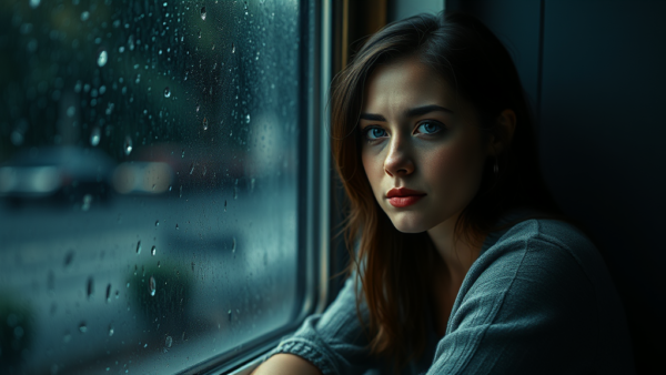 Young woman looking out rainy window on a train journey