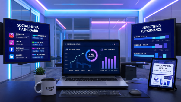 Digital marketing dashboard with analytics and social media performance metrics