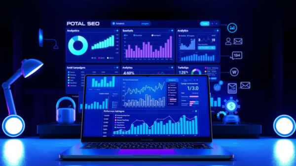 Digital analytics dashboard with charts and graphs on laptop
