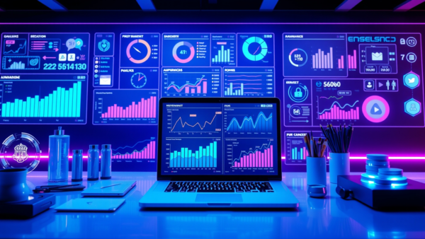 Futuristic data dashboard with glowing neon graphs and laptop for analysis