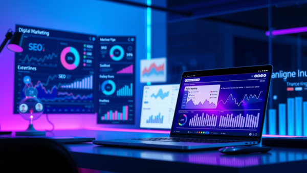 Digital marketing analytics dashboard with laptop and monitors showing data