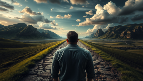 Man looking at scenic mountain valley path journey concept solitary traveler
