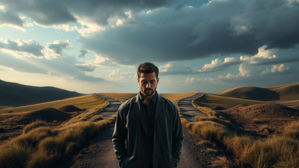Man standing on a dirt road in a desert landscape
