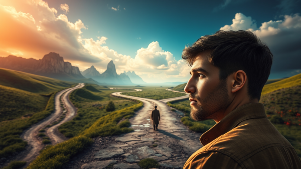 Man at a fork in the road, looking towards mountains and sky