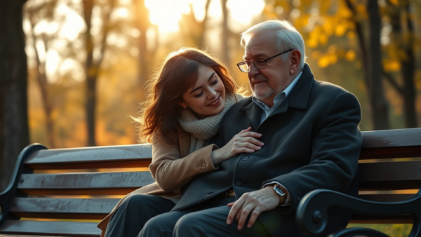 Family affection young woman touching older man on bench autumn park
