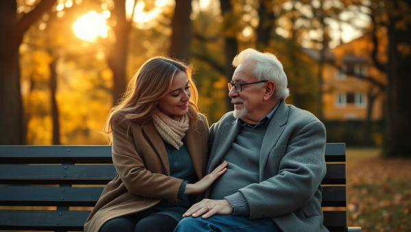 Young woman and older man sit on a park bench during autumn