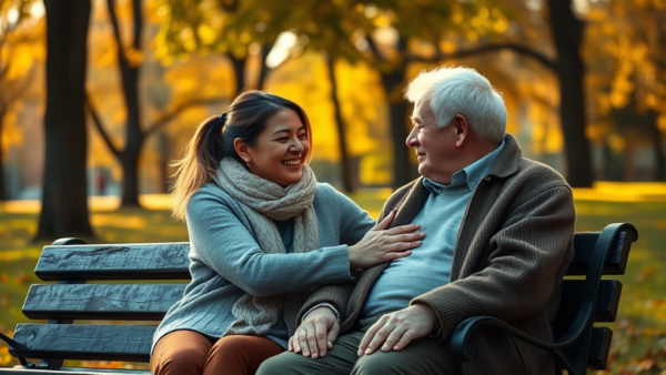 heartwarming moment elderly man and woman sitting on bench
