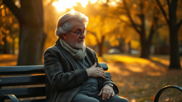 Elderly Man Sitting on a Park Bench Feeling Unwell