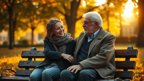 Family talking happily on a park bench in autumn sunset
