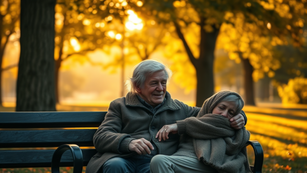 Elderly couple enjoying autumn park bench warm sunset glow