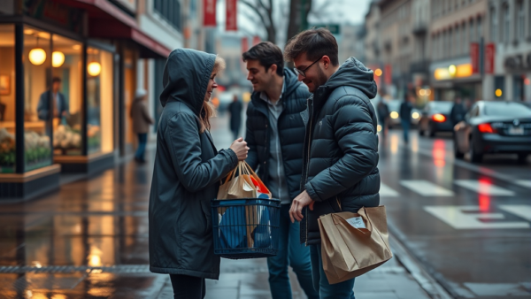 friends shopping urban street cold weather puffer jackets