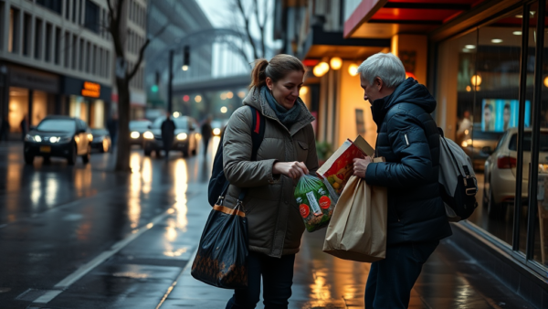 People on city street with shopping bags and map