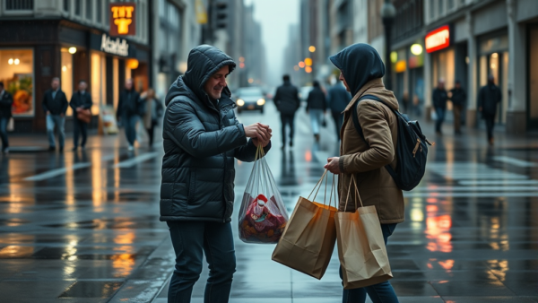 People Sharing Food on Rainy City Street Scene