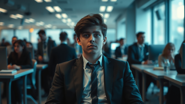 Young businessman serious in modern office with blurred colleagues working