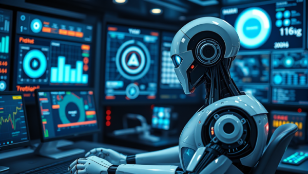 Robot AI working at computers with data charts and graphs