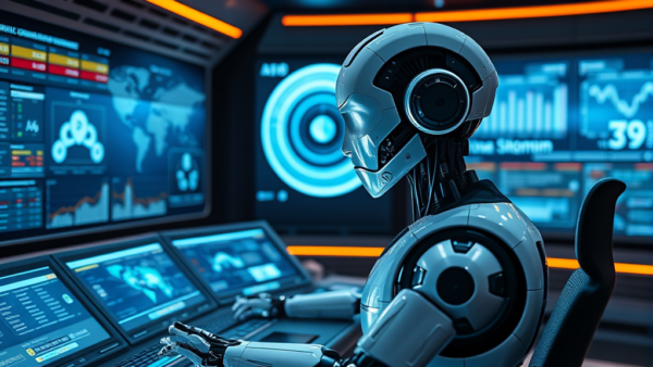 Robot programmer at futuristic computer monitors with global data