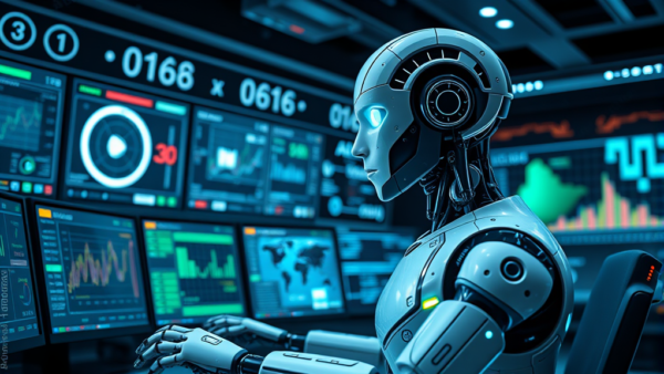 Robot analyzing data screens futuristic AI technology for finance