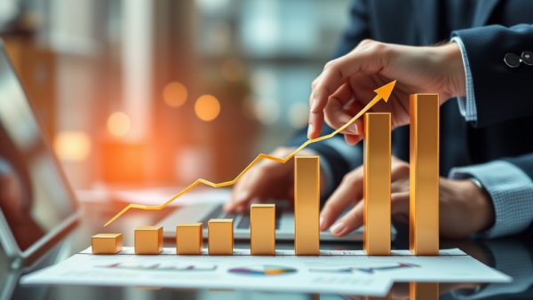 Growth chart finance business success with laptop and hands