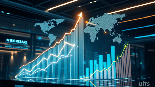 Global finance data graph with world map and rising bars showing growth