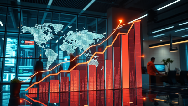 Global growth chart with world map and rising bar graph