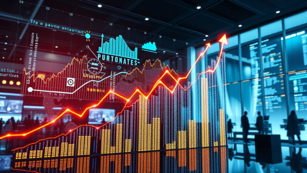 Stock market graph showing upward trend, financial data analysis with people in background